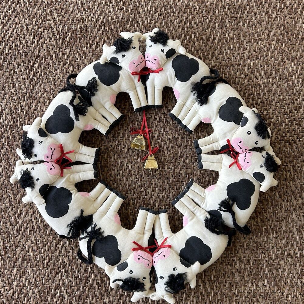 Vintage Cow Wreath Handmade W/ Bells Primitive Cottagecore Decor 17” Farmhouse